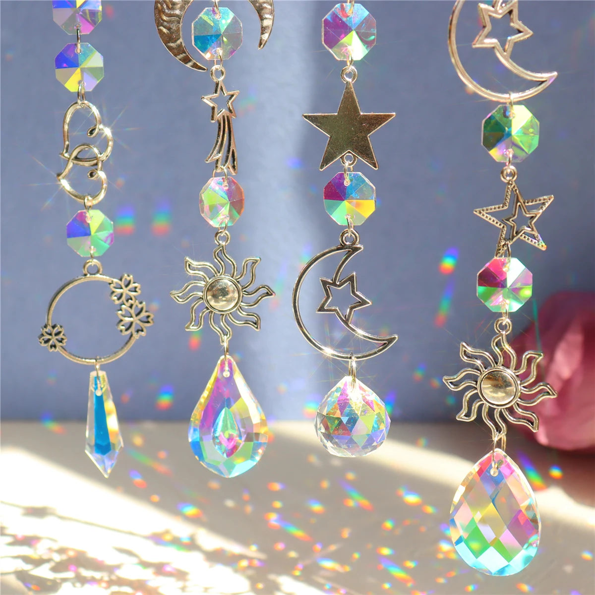 Moon And Sun Suncatcher Crystal Rainbow Catcher Garden Decoration Stained Glass Rainbow Maker Silver Prism Window Pendant