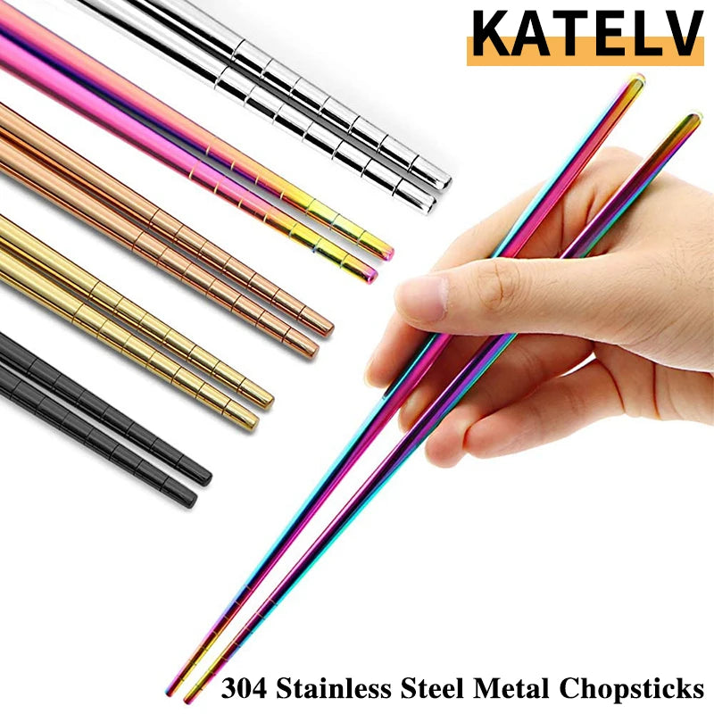 304 Stainless Steel Metal Chopsticks Tableware 1 Pair Non-Slip Chinese Chopstick Sushi Sticks Flatware Kitchen Accessories