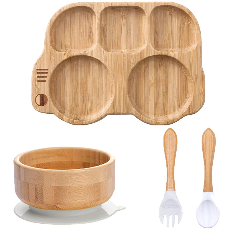 4pcs Bamboo Plate Sets Customized Baby Feeding Bowl Car Cloud Shaped Plate Spoon Fork Tableware Suction Plate Bowl Feeding Set