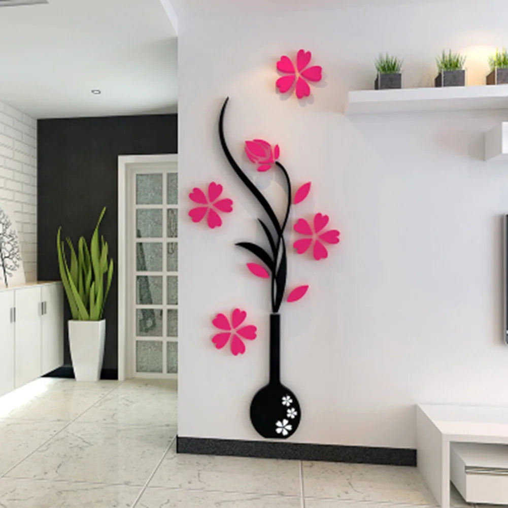 DIY Vase Flower  Self-Adhesive Wallpaper Tree Crystal Arcylic 3D Wall Sticker Decal Children's Room Home Decor