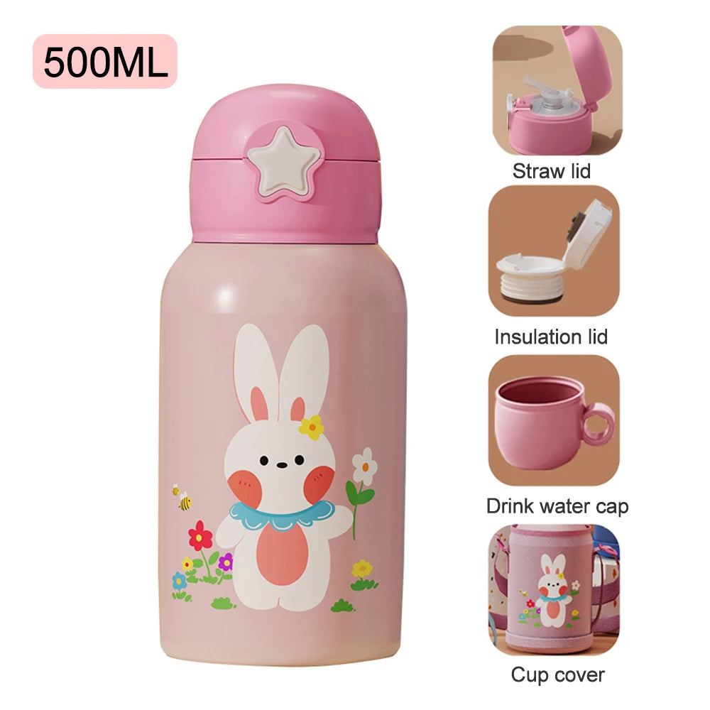 500ML Cartoon Kids Water Bottle With Strap Children Thermal Bottle Stainless Steel Vacuum Flacks Thermos Mug For School Kid Gift