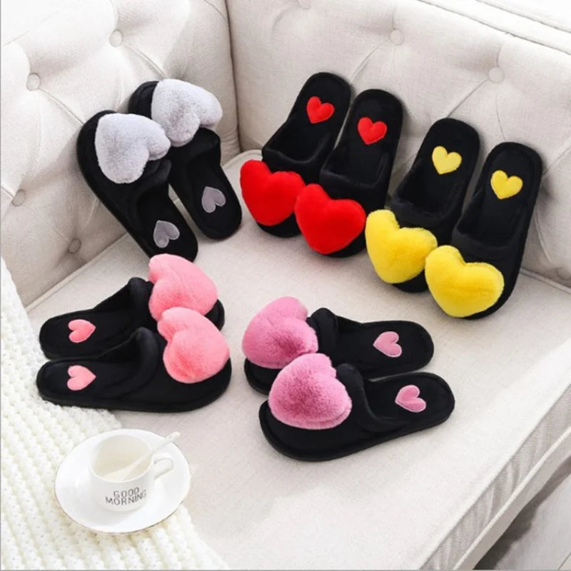 2023 Heart Shaped Slippers Women's Warm Non-slip Platform Shoes Indoor Fashion Cute Cotton Slippers Chaussons Plats