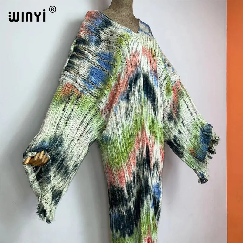 WINYI fashion print summer V-neck Knitted hollow sexy long dress Elegant party Evening dress Women Beachwear long sleeve dress