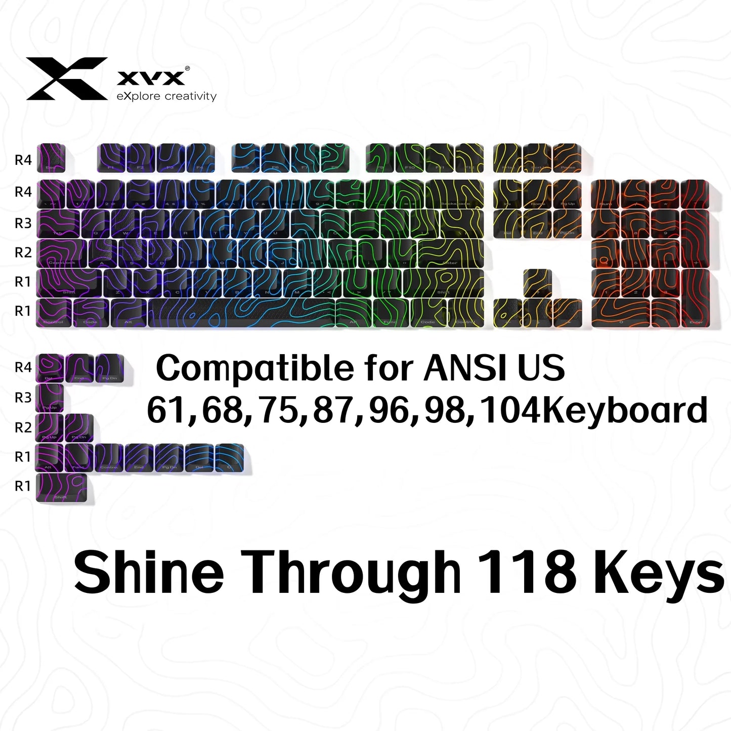 XVX Topographic New Version Pattern Shine-Through OEM Profile IMD-Tech Keycap Set 118 keys