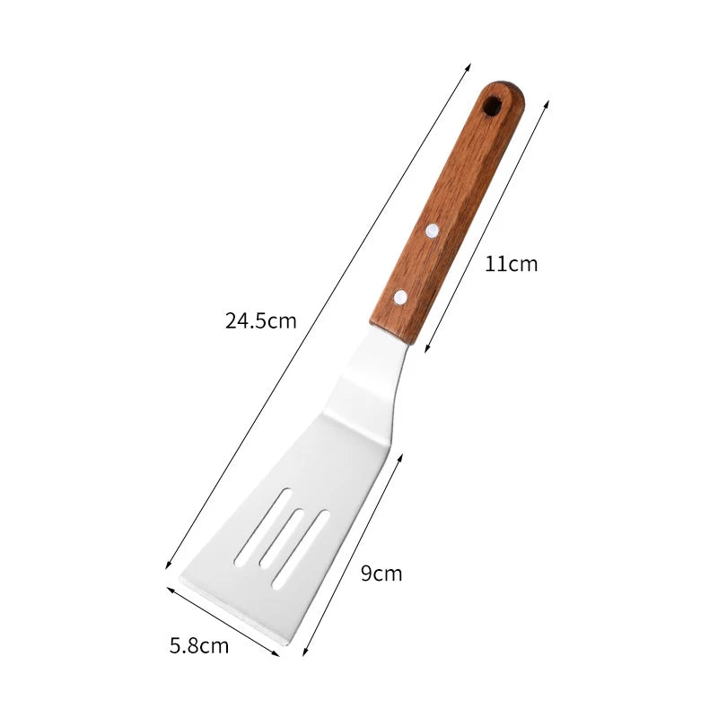 Stainless Steel Wooden Handle Cooking Spatula Steak Pancake Frying Shovel Teppanyaki Scraper Barbecue Tool Kitchen Accessories