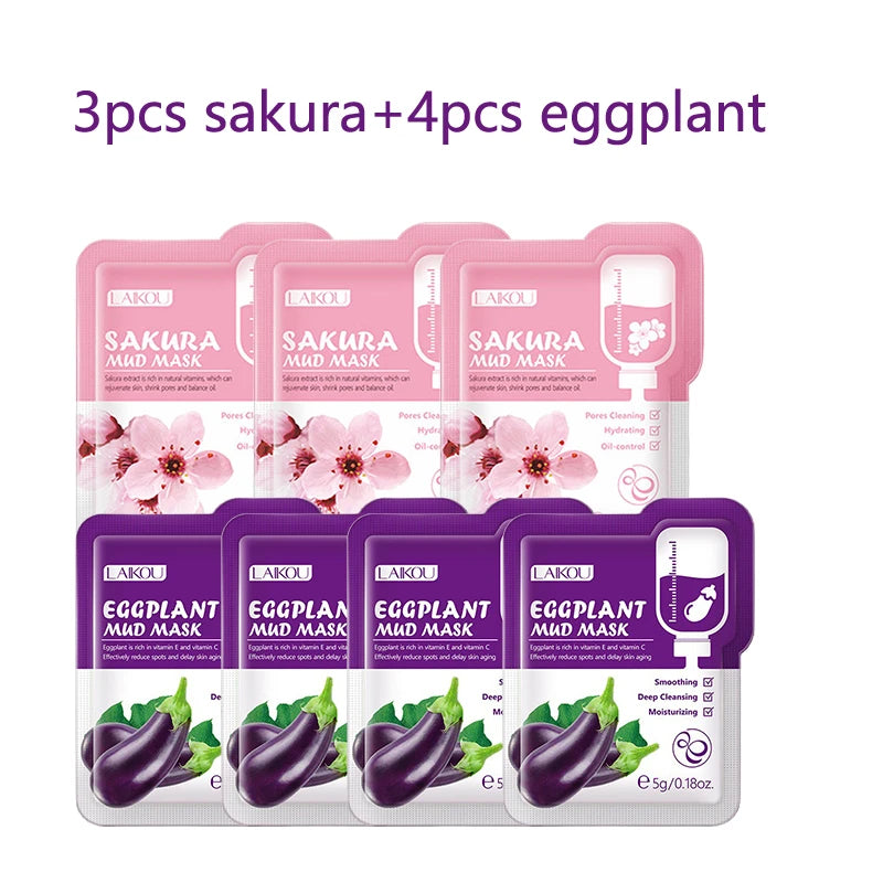 7pcs Japan Sakura Mud Face Mask Deep Cleansing Remove Blackheads Oil-Control Clay Mask Moisturizing Packs Facial Skin Care