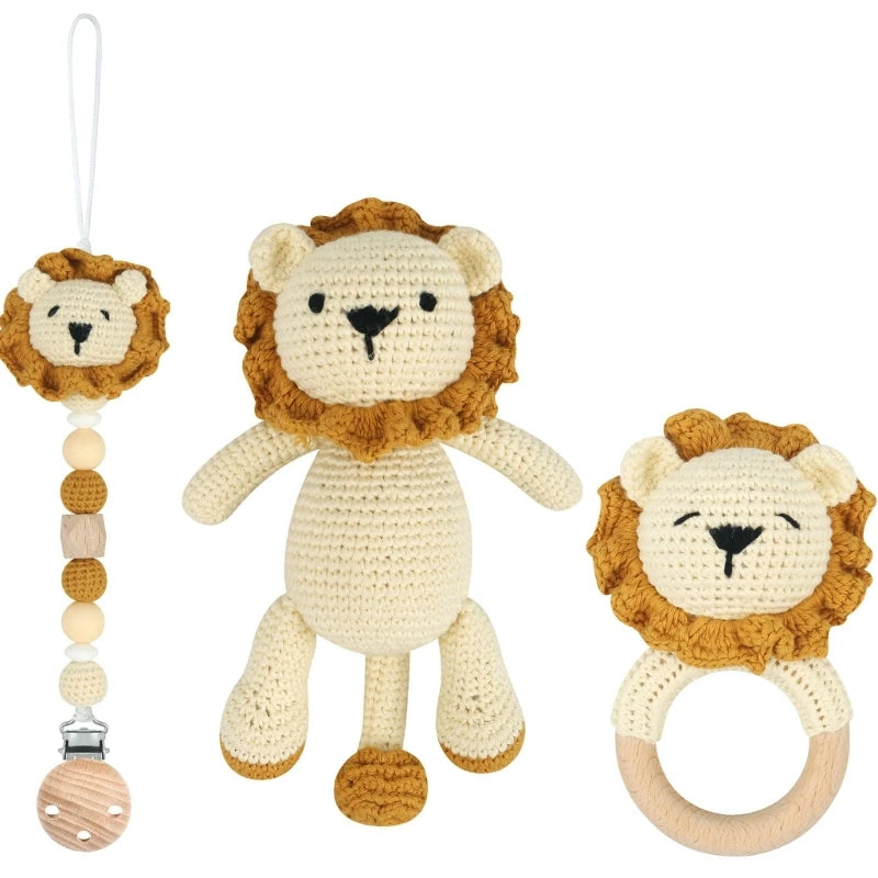 Woolen Yarn Baby Pacifier Chain Crochet-Lion Animal Teething Rings for Newborn G99C