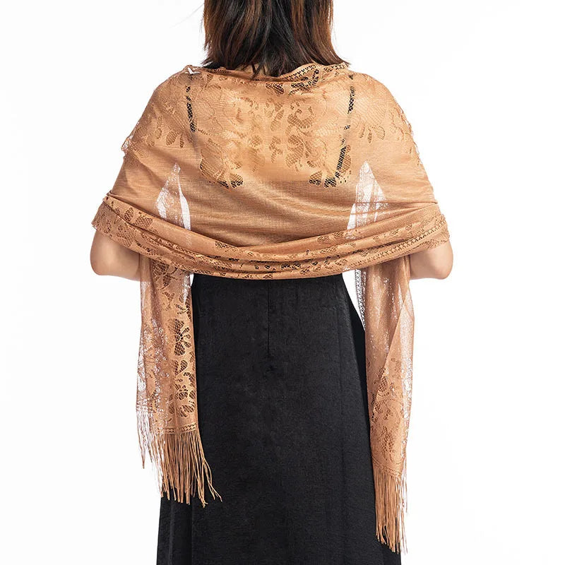 Korean Hollow Flower Long Tassel Party Cloak Sunscreen Shawl Women Sun Clothing Summer Thin Beach Towel Lace Evening Dress Scarf