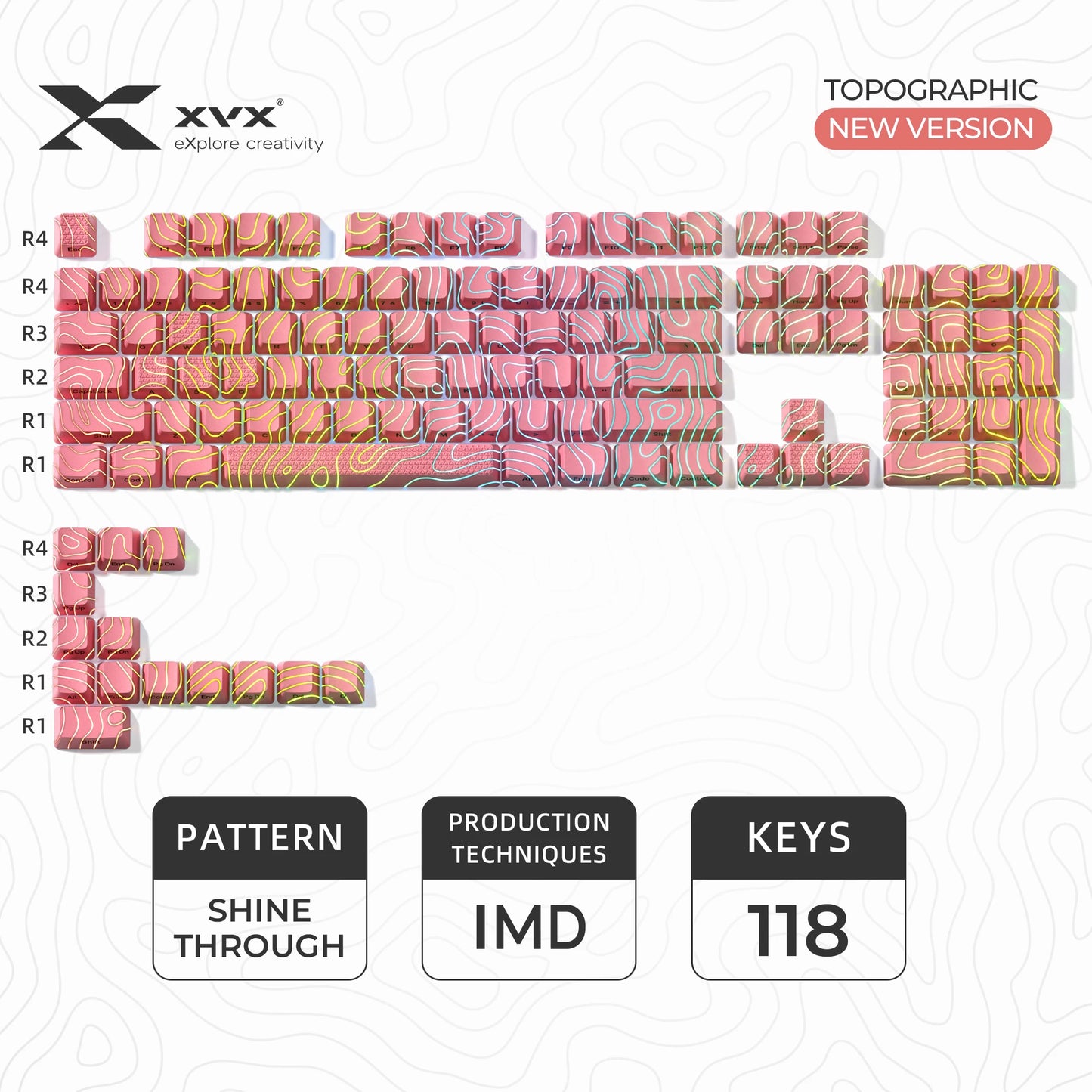 XVX Topographic New Version Pattern Shine-Through OEM Profile IMD-Tech Keycap Set 118 keys