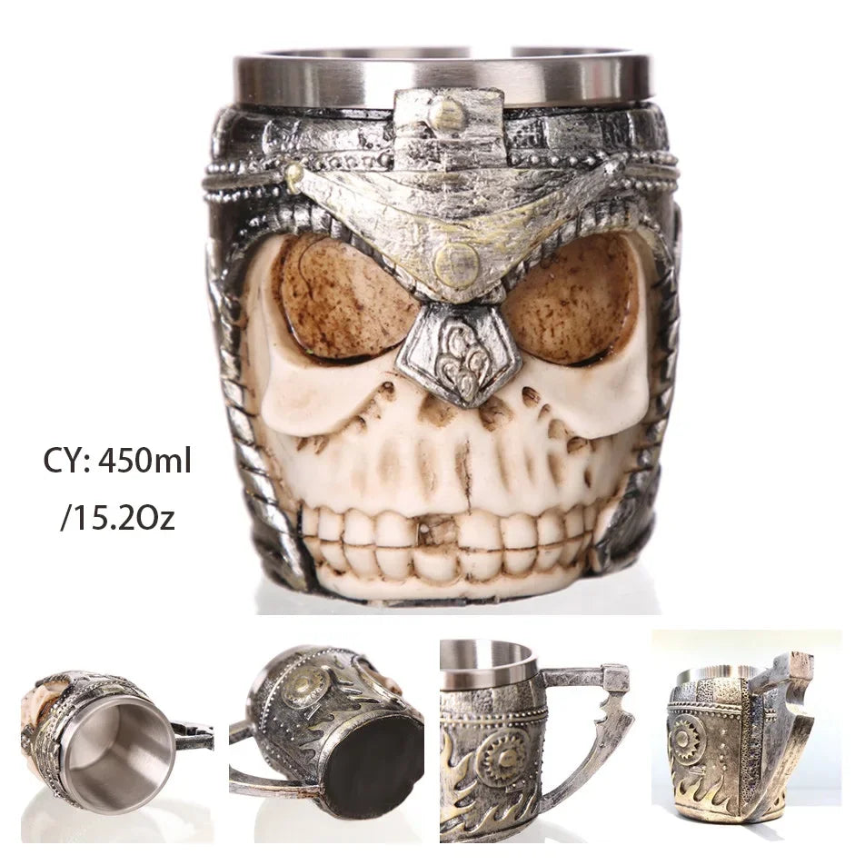 Coolest Gothic Skull Resin Stainless Steel Beer Mug Dragon Knight Tankard Halloween Coffee Cup Christmas Tea Mug Pub Bar Decor