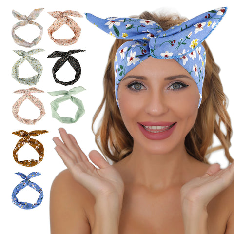 2PCS Fashion Bunny Ears With Iron Wire Headband Printed Fabric Women Girls Scrunchies Hairband Summer Beach Headwear