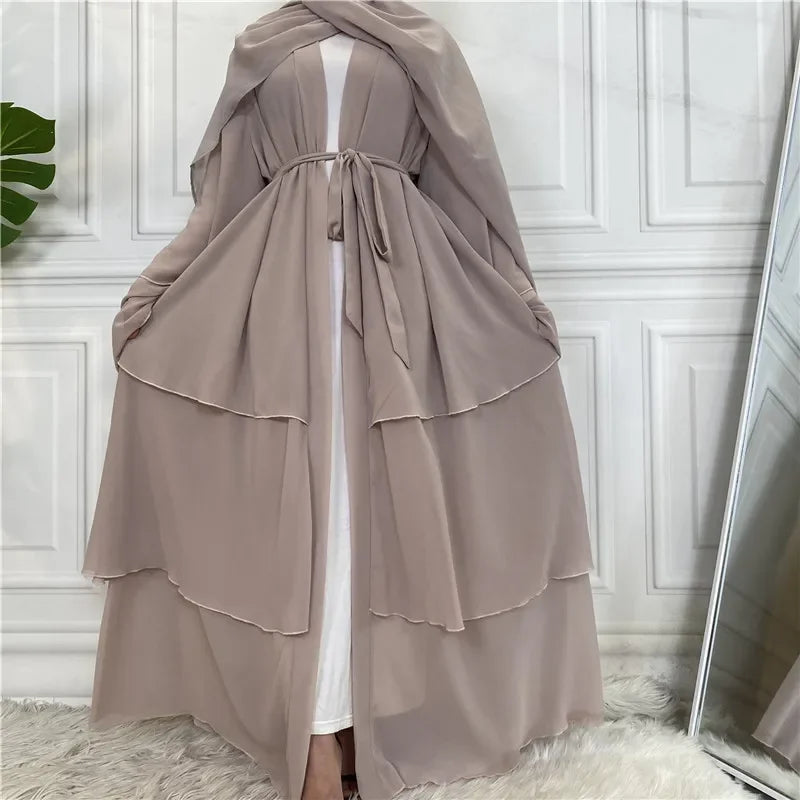 Chiffon Open Abaya Layered Women Kaftan Dubai Luxury Turkey Muslim Dress Islam Robe African Kimono Femme Clothing Caftan Fashion