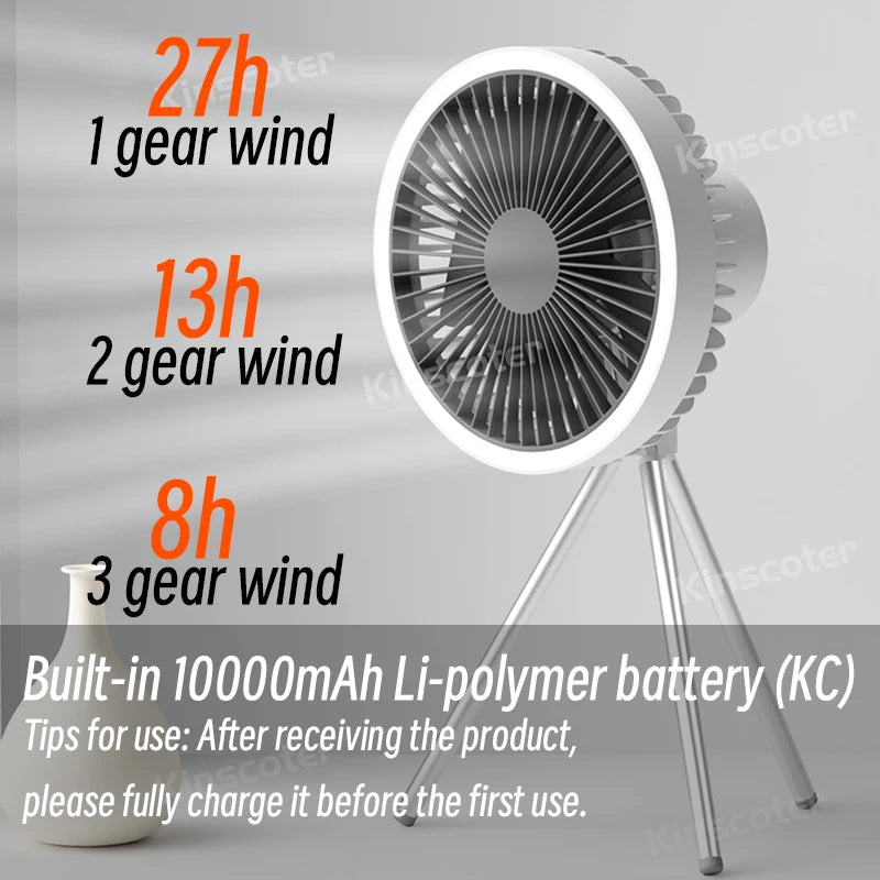 10000mAh Camping Fan Rechargeable Desktop Portable Circulator Wireless Ceiling Electric Fan with Power Bank LED Lighting Tripod