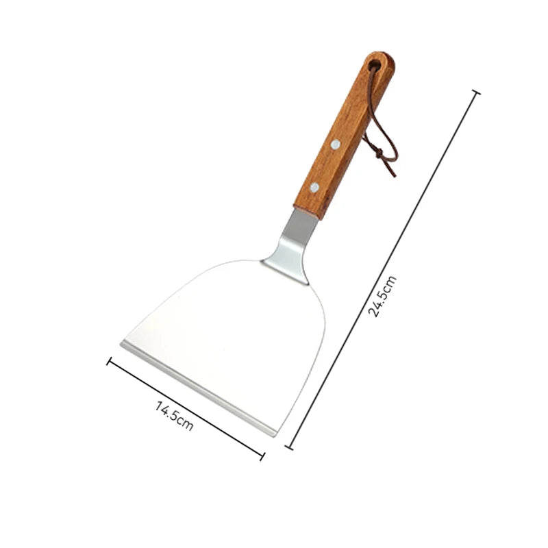 Stainless Steel Wooden Handle Cooking Spatula Steak Pancake Frying Shovel Teppanyaki Scraper Barbecue Tool Kitchen Accessories