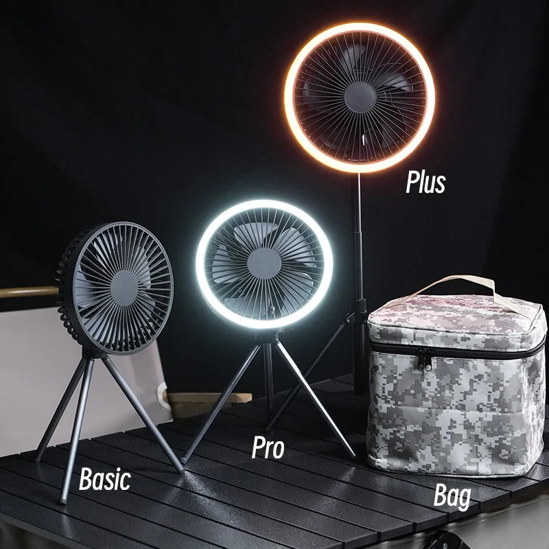 10000mAh Camping Fan Rechargeable Desktop Portable Circulator Wireless Ceiling Electric Fan with Power Bank LED Lighting Tripod