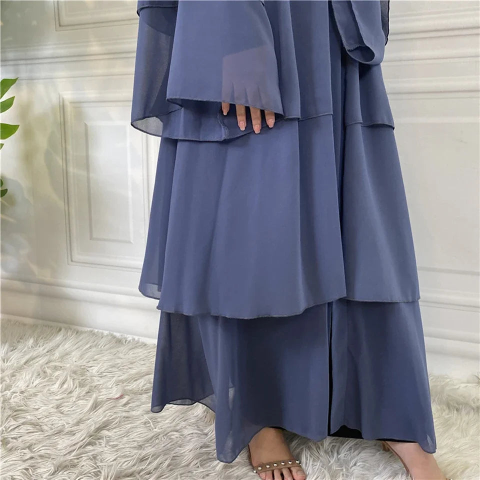 Chiffon Open Abaya Layered Women Kaftan Dubai Luxury Turkey Muslim Dress Islam Robe African Kimono Femme Clothing Caftan Fashion