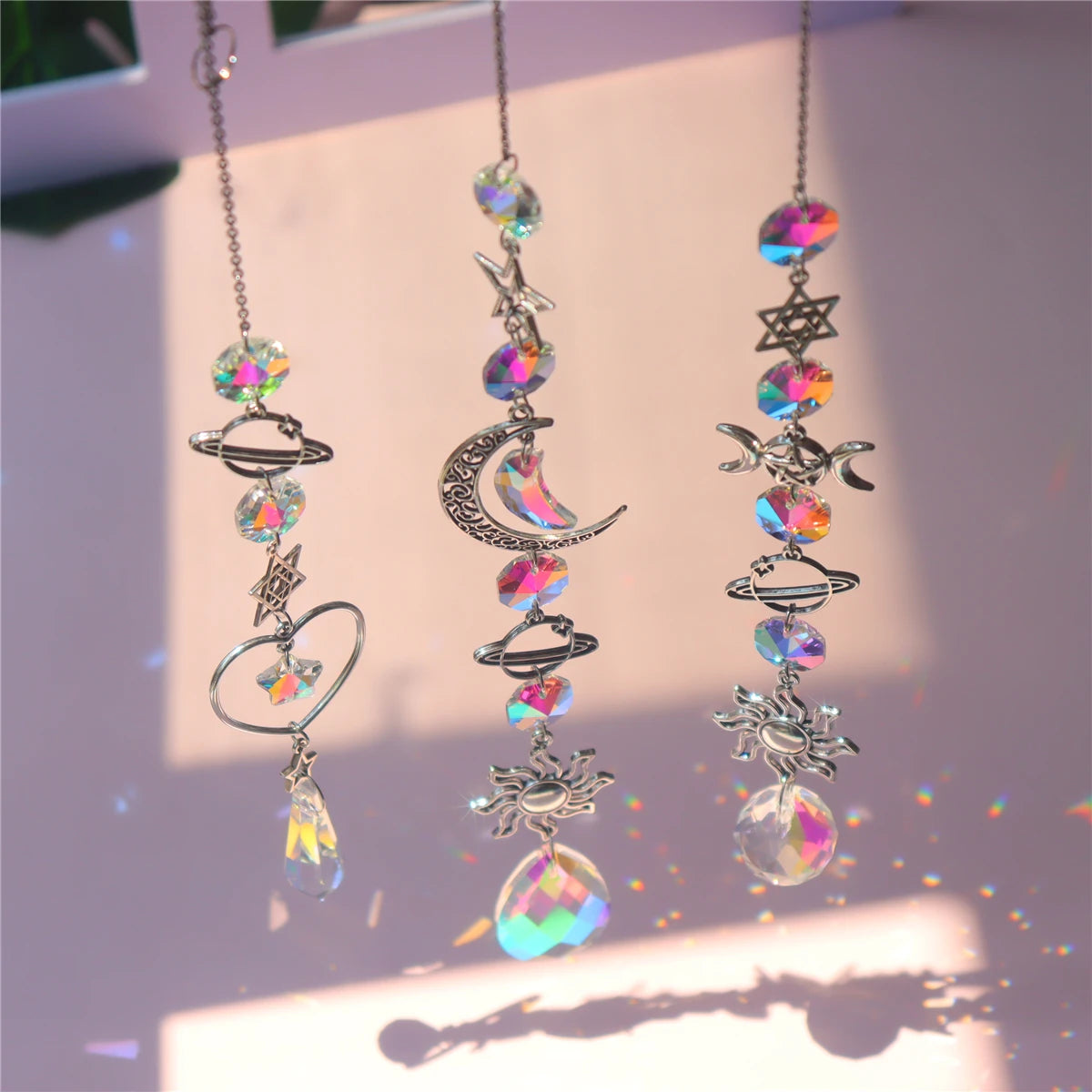 Moon And Sun Suncatcher Crystal Rainbow Catcher Garden Decoration Stained Glass Rainbow Maker Silver Prism Window Pendant