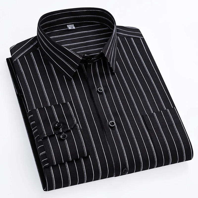 New Stretch Anti-Wrinkle Stripe Men's Shirts Long Sleeve Dress Shirts For Plaid Men Slim Fit Social Business Blouse Shirt S-5XL