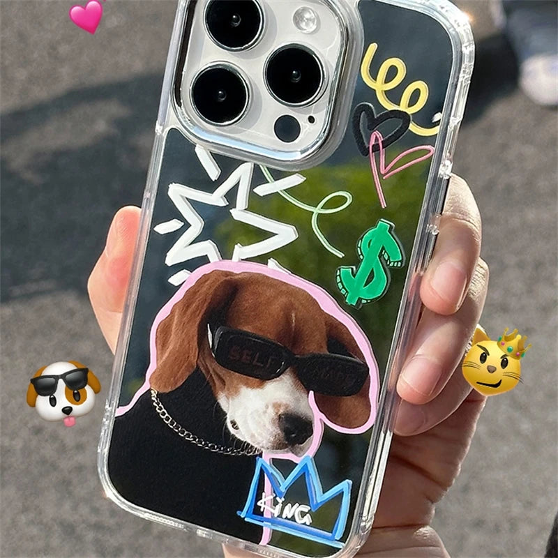 Korean Funny Sunglasses Puppy Makeup Mirror Phone Case For iPhone 16 15 14 Rro Max 13 12 11 Cute Cat Animal Y2K Shockproof Funda