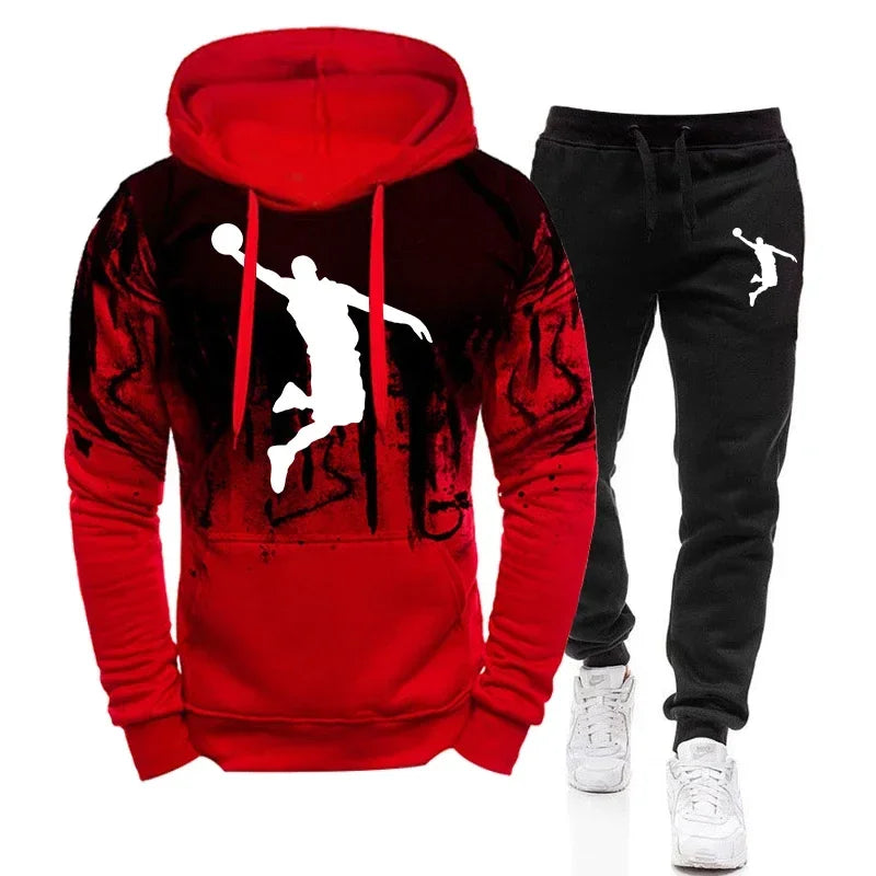 High Quality Mens Tracksuit Casual Splash-ink Hooded Sweatshirt Set Printing Sports Jogging Suit Autumn Warm Street Hot Clothing