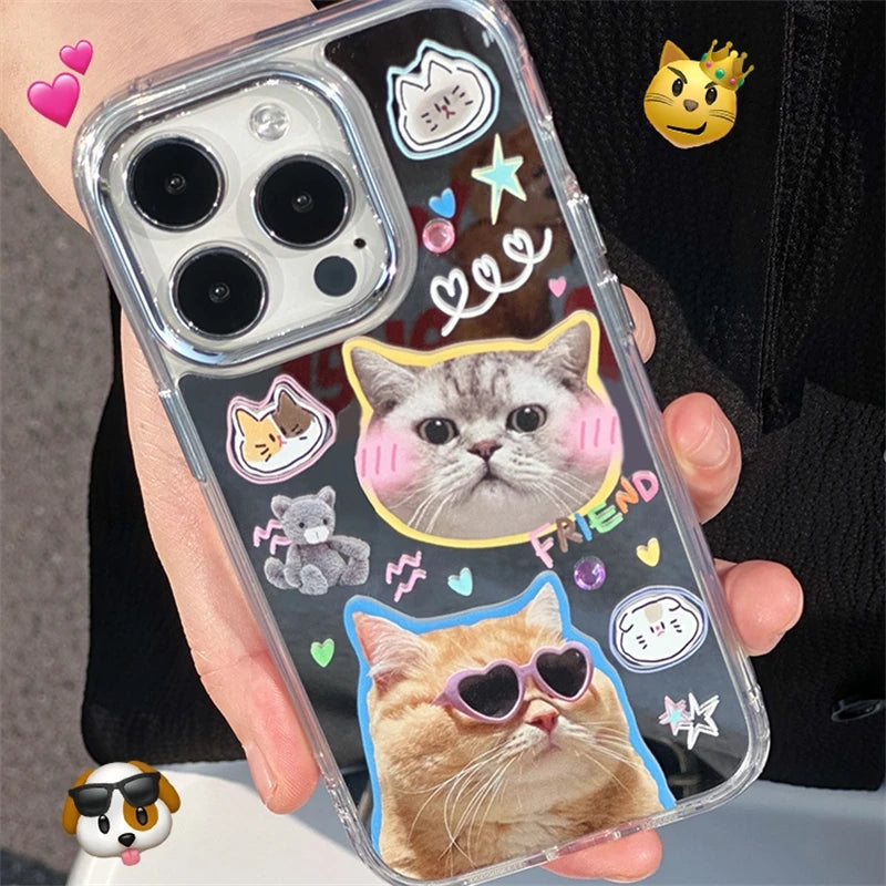 Korean Funny Sunglasses Puppy Makeup Mirror Phone Case For iPhone 16 15 14 Rro Max 13 12 11 Cute Cat Animal Y2K Shockproof Funda