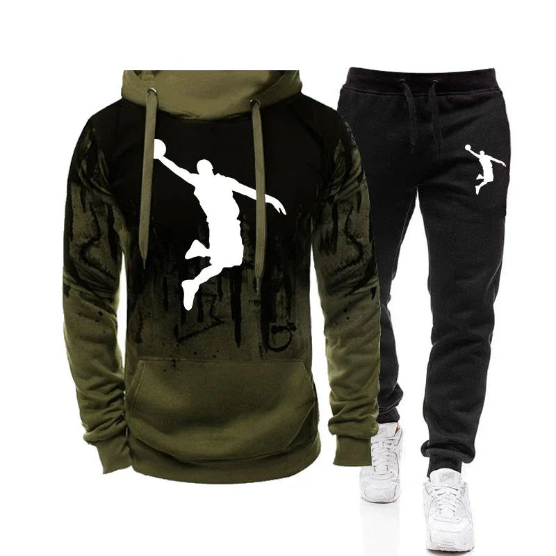 High Quality Mens Tracksuit Casual Splash-ink Hooded Sweatshirt Set Printing Sports Jogging Suit Autumn Warm Street Hot Clothing