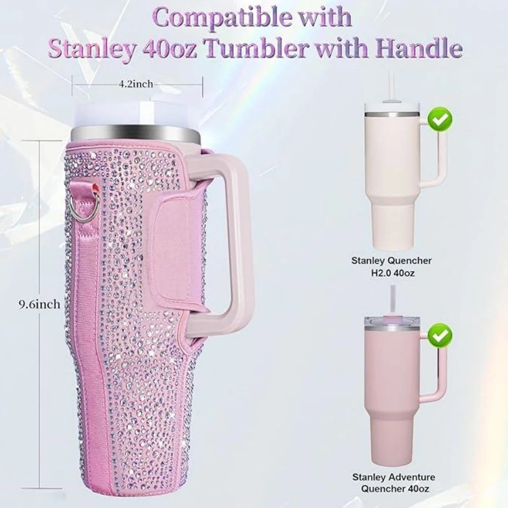 1 water bottle bag with sparkling diamond, suitable for Stanley 40oz water bottle holder bag with handle and adjustable strap