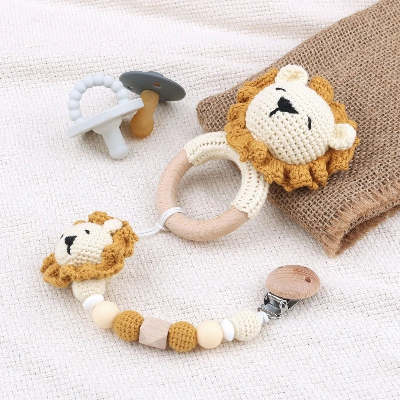 Woolen Yarn Baby Pacifier Chain Crochet-Lion Animal Teething Rings for Newborn G99C