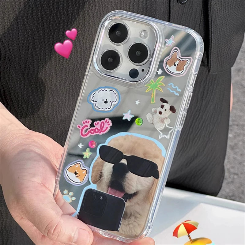 Korean Funny Sunglasses Puppy Makeup Mirror Phone Case For iPhone 16 15 14 Rro Max 13 12 11 Cute Cat Animal Y2K Shockproof Funda