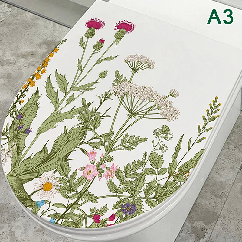 Flower Grass Bird Toilet Sticker Self Adhesive Paintings Removable Bathroom Decal Decorative Room Decor Windows Stickers