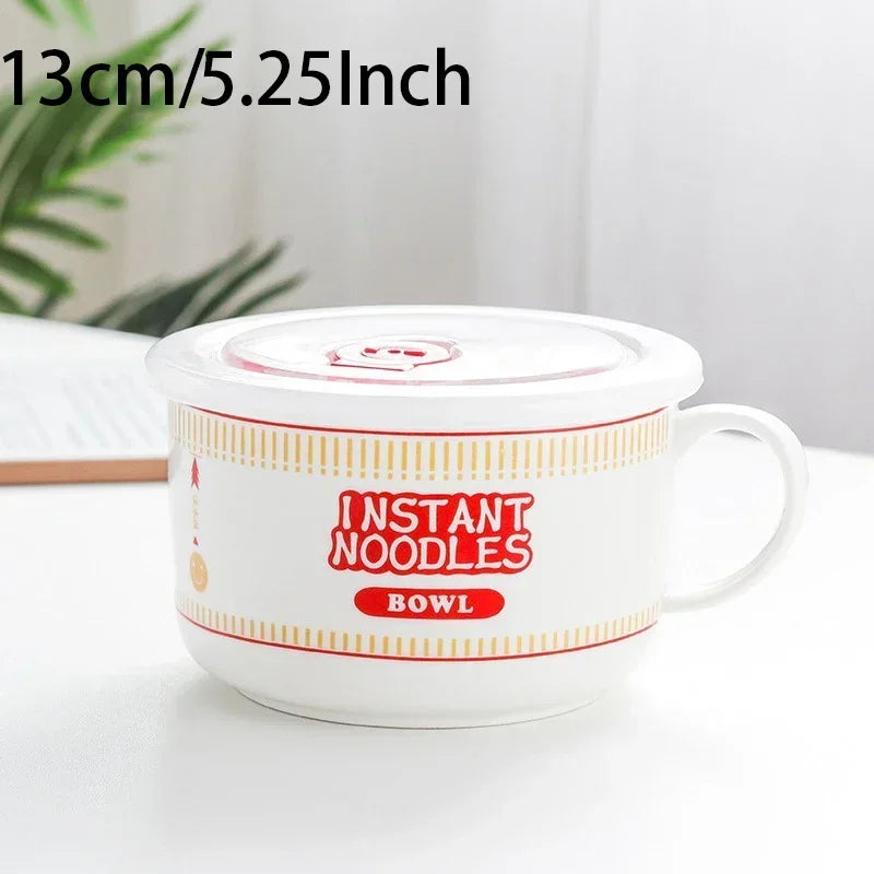 800/1100ml Ramen Bowl Korean Style Ceramic Instant Noodle Bowl Student Dormitory Fruit Salad Noodles in Soup Leakproof Bowl