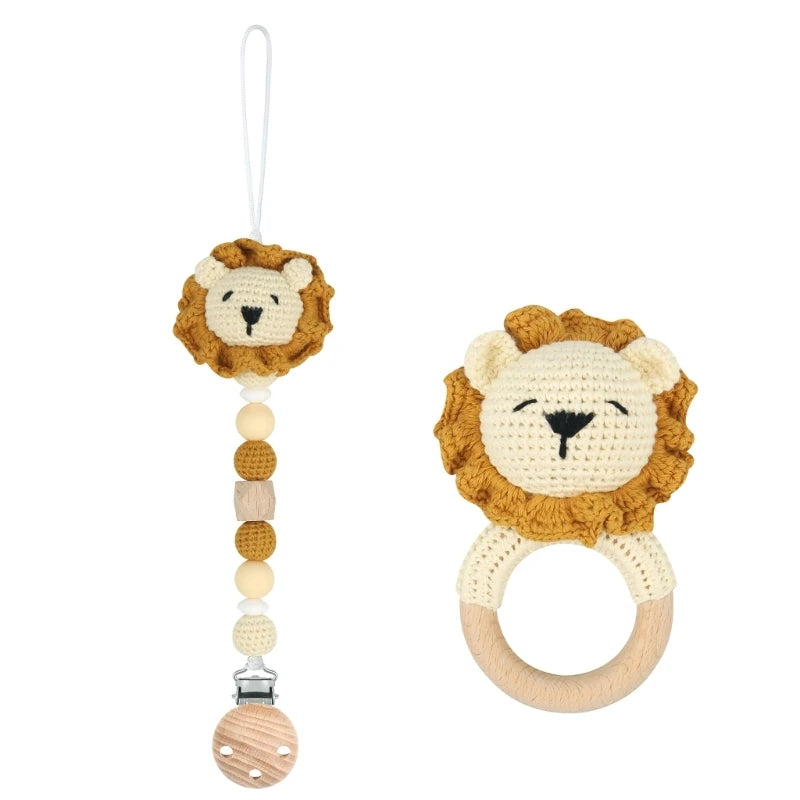 Woolen Yarn Baby Pacifier Chain Crochet-Lion Animal Teething Rings for Newborn G99C