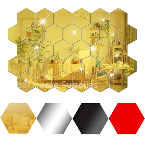 24pcs Hexagon Mirror Sticker Gold Self Adhesive Mosaic Tiles Wall Sticker Decals DIY Bedroom Living Room Bathroom Home Decor