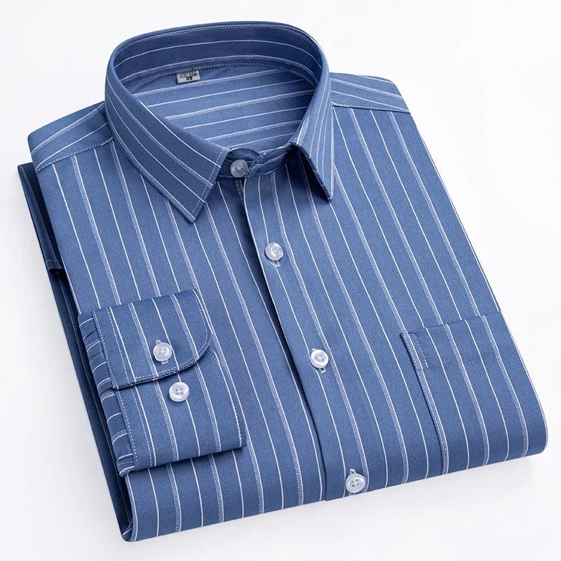 New Stretch Anti-Wrinkle Stripe Men's Shirts Long Sleeve Dress Shirts For Plaid Men Slim Fit Social Business Blouse Shirt S-5XL