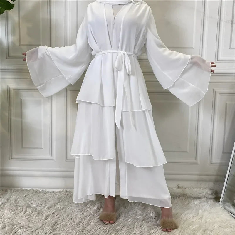 Chiffon Open Abaya Layered Women Kaftan Dubai Luxury Turkey Muslim Dress Islam Robe African Kimono Femme Clothing Caftan Fashion