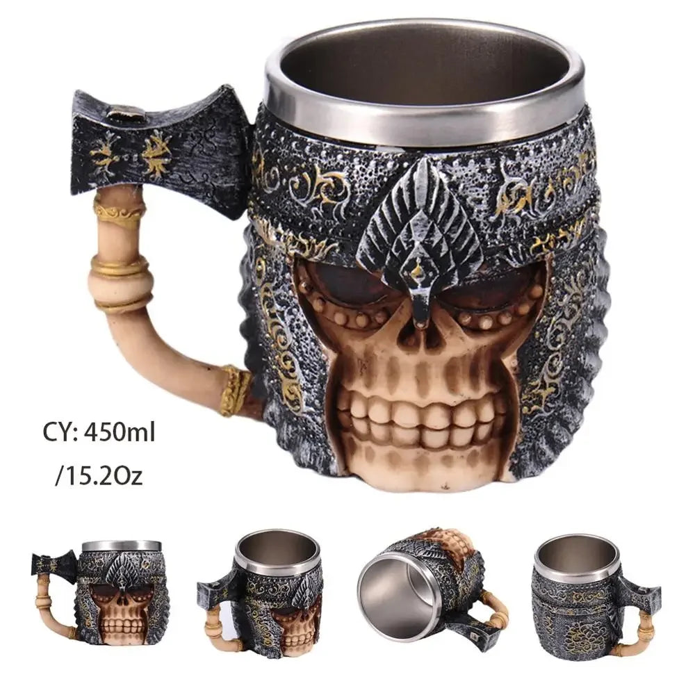 Coolest Gothic Skull Resin Stainless Steel Beer Mug Dragon Knight Tankard Halloween Coffee Cup Christmas Tea Mug Pub Bar Decor