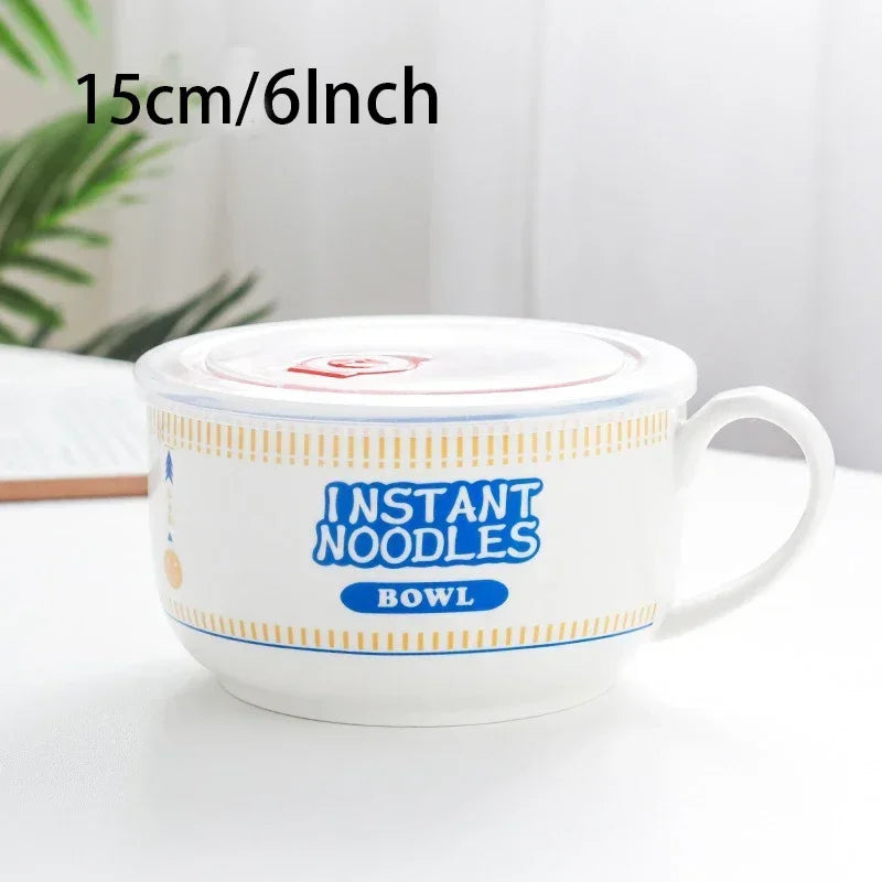 800/1100ml Ramen Bowl Korean Style Ceramic Instant Noodle Bowl Student Dormitory Fruit Salad Noodles in Soup Leakproof Bowl