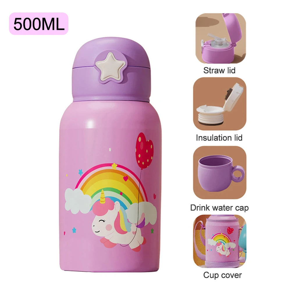 500ML Cartoon Kids Water Bottle With Strap Children Thermal Bottle Stainless Steel Vacuum Flacks Thermos Mug For School Kid Gift