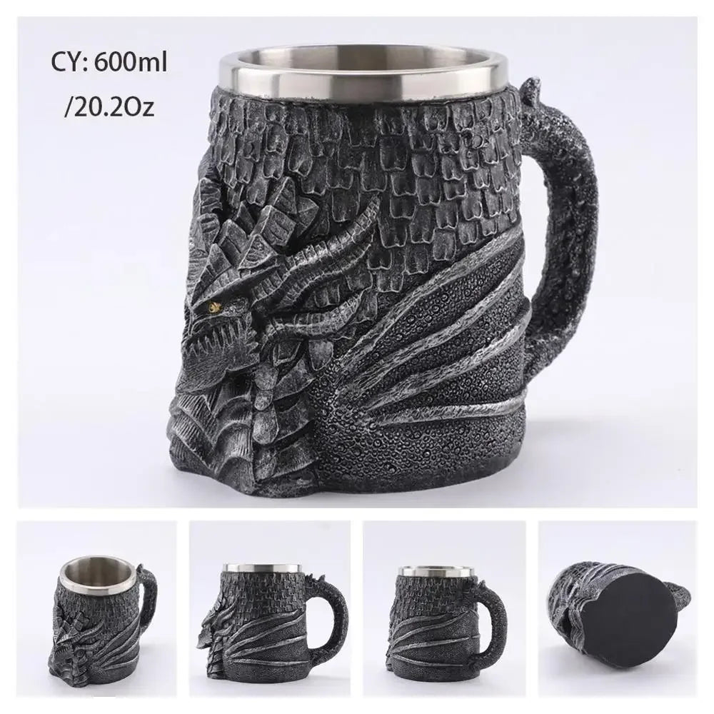 Coolest Gothic Skull Resin Stainless Steel Beer Mug Dragon Knight Tankard Halloween Coffee Cup Christmas Tea Mug Pub Bar Decor