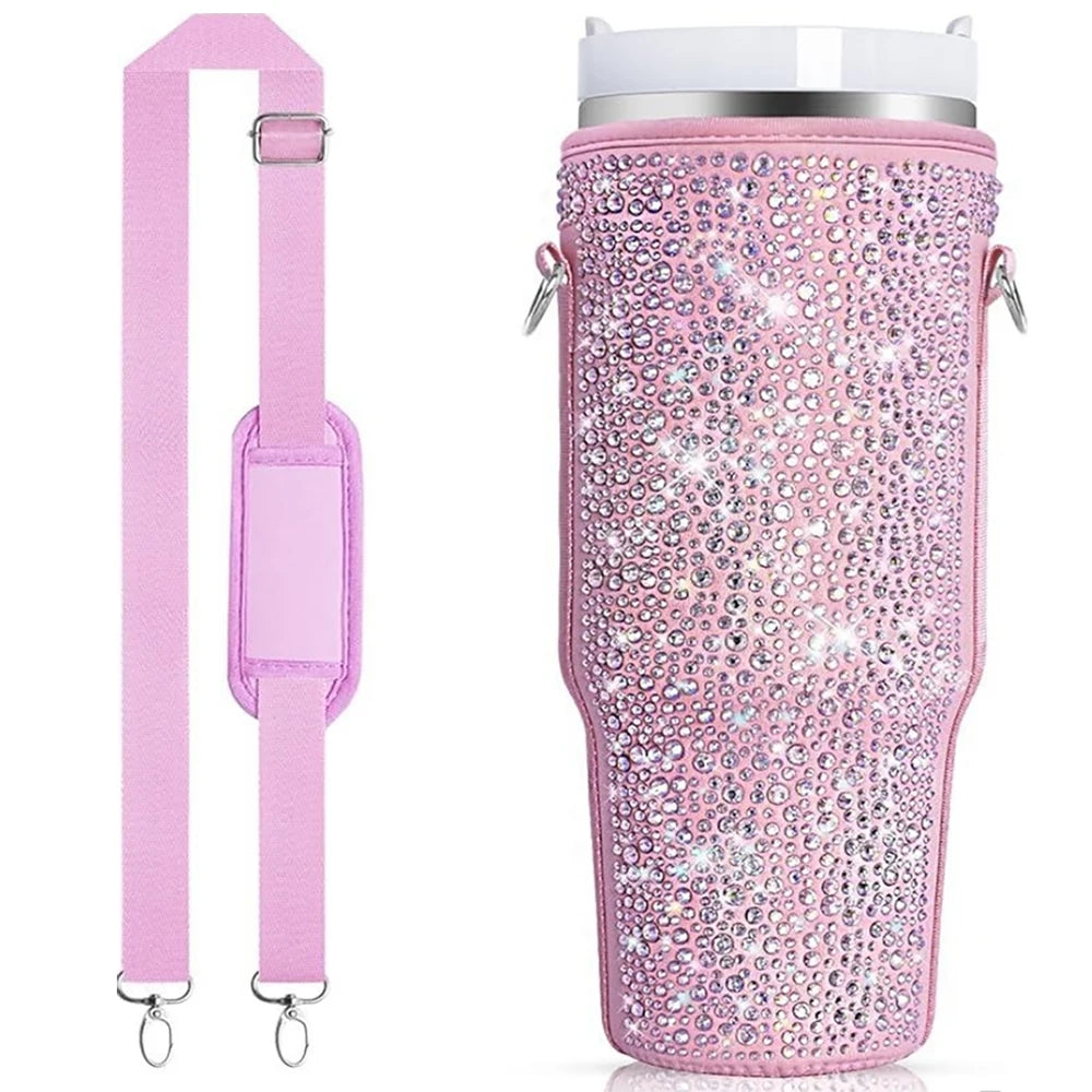 1 water bottle bag with sparkling diamond, suitable for Stanley 40oz water bottle holder bag with handle and adjustable strap