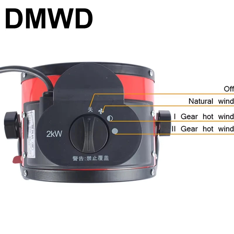 DMWD 2KW Portable Industrial Electric Fan Heater Thermostat Air Warmer Machine Room Radiator Fast Heating Blower Office 3Gear