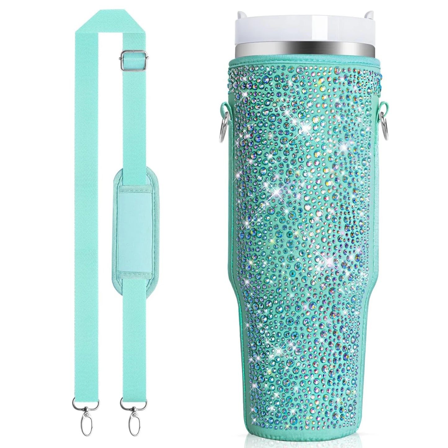 1 water bottle bag with sparkling diamond, suitable for Stanley 40oz water bottle holder bag with handle and adjustable strap