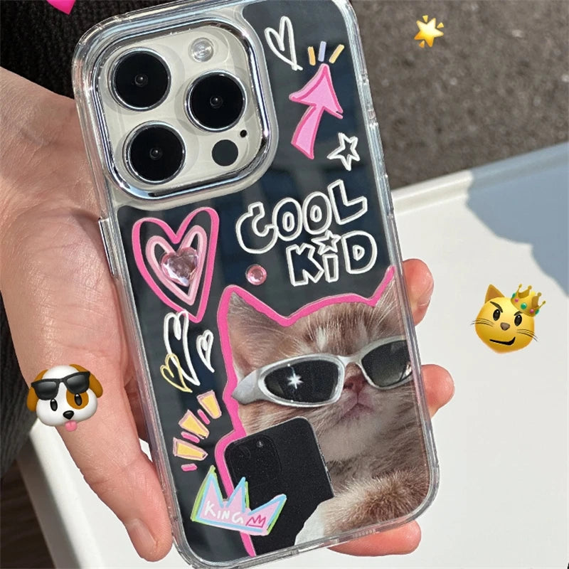 Korean Funny Sunglasses Puppy Makeup Mirror Phone Case For iPhone 16 15 14 Rro Max 13 12 11 Cute Cat Animal Y2K Shockproof Funda