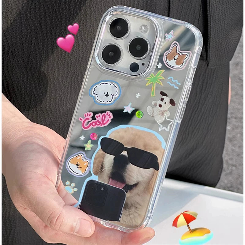 Korean Funny Sunglasses Puppy Makeup Mirror Phone Case For iPhone 16 15 14 Rro Max 13 12 11 Cute Cat Animal Y2K Shockproof Funda