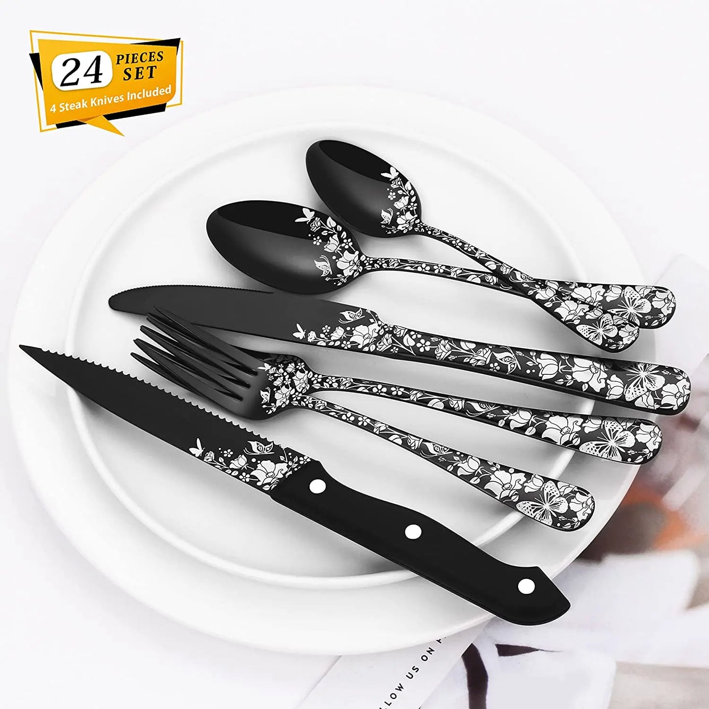 24-Piece Silverware Set with Steak Knives for 4, Unique Stainless Steel Flatware Cutlery Set, Include Fork Spoon Knife Set