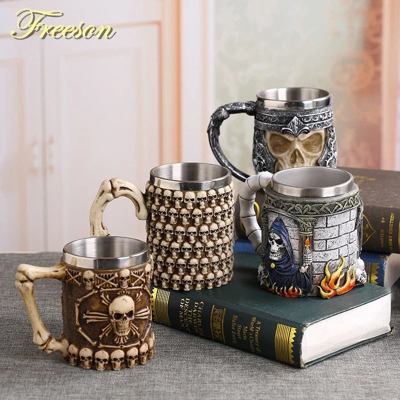 Coolest Gothic Skull Resin Stainless Steel Beer Mug Dragon Knight Tankard Halloween Coffee Cup Christmas Tea Mug Pub Bar Decor