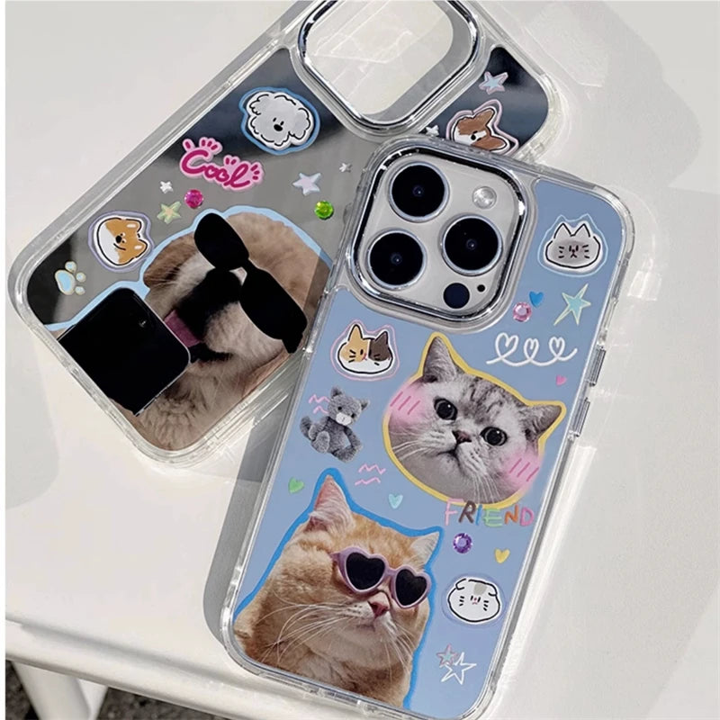 Korean Funny Sunglasses Puppy Makeup Mirror Phone Case For iPhone 16 15 14 Rro Max 13 12 11 Cute Cat Animal Y2K Shockproof Funda