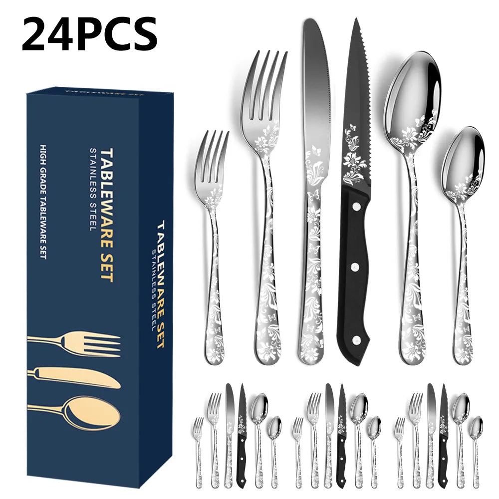 24-Piece Silverware Set with Steak Knives for 4, Unique Stainless Steel Flatware Cutlery Set, Include Fork Spoon Knife Set