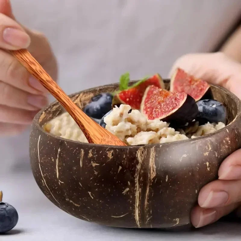 New Coconut Bowls and Wooden Spoon Sets Reusable Natural Coconut Shell Bowls for Dessert Yogurt Fruit Salad Kitchen Tableware