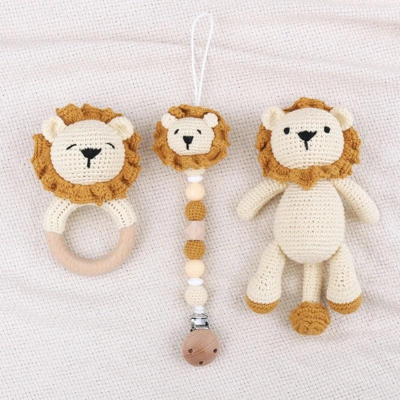 Woolen Yarn Baby Pacifier Chain Crochet-Lion Animal Teething Rings for Newborn G99C